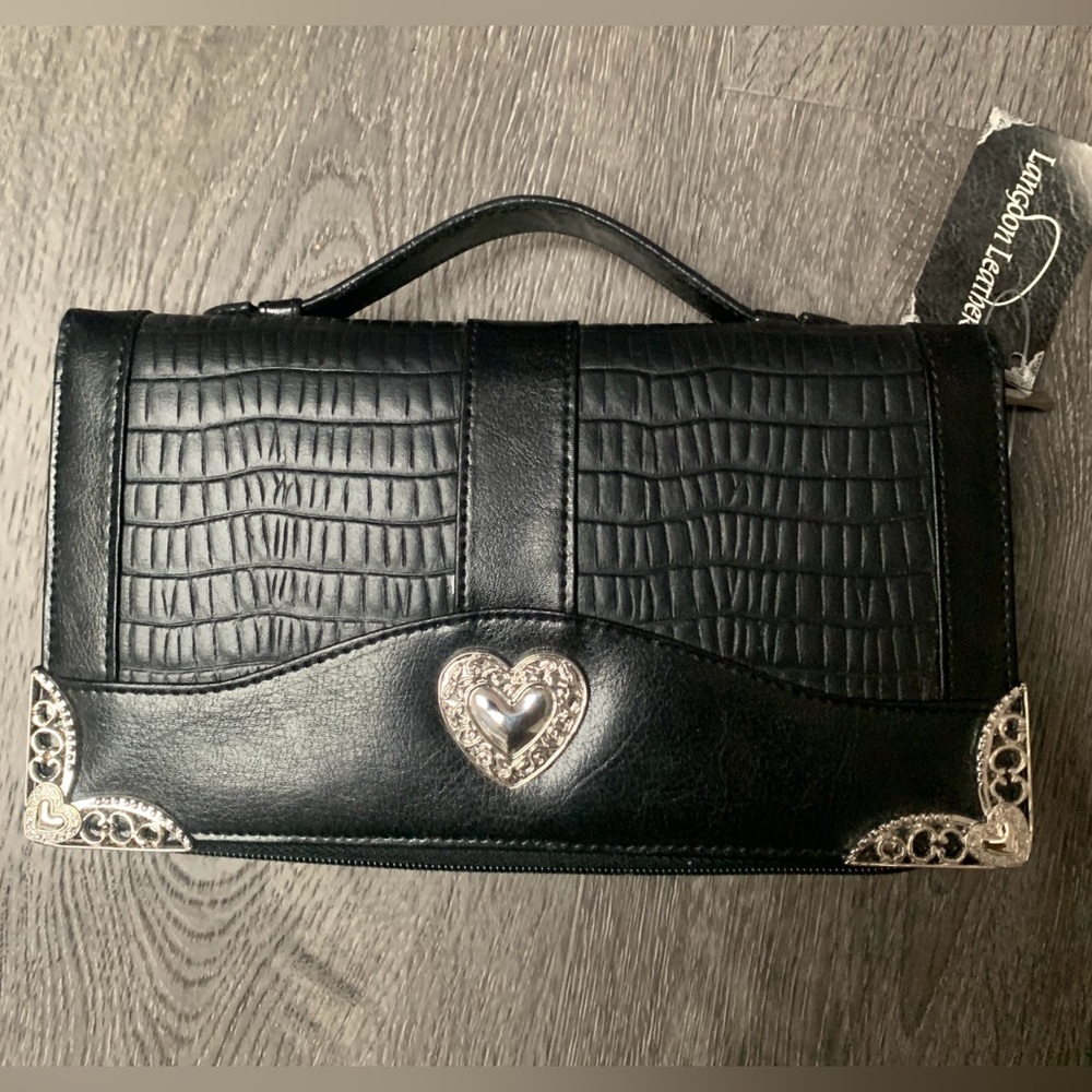 Langoon Leather Lorimar Purse Wallet Black W Silver Heart Accent Removable Strap